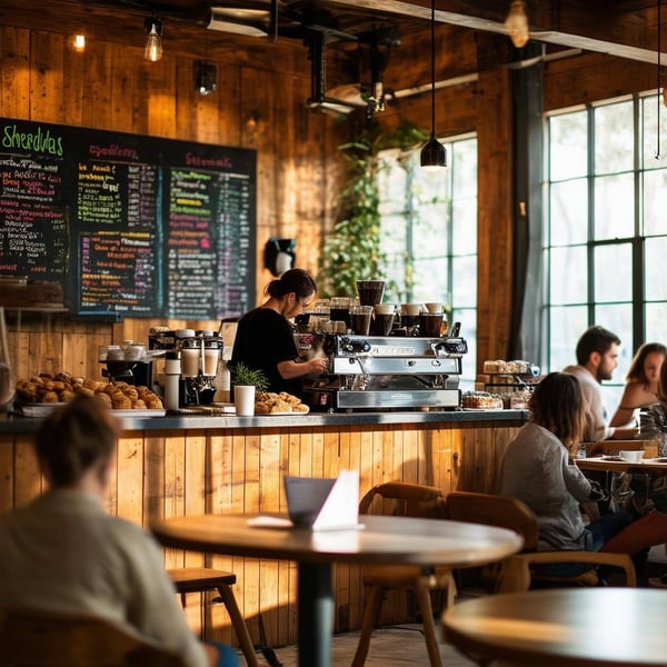 The image depicts a cozy coffee shop with warm lighting and rustic wooden decor